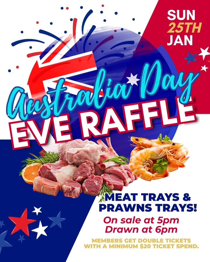 Featured image for “Australia Day Eve Raffle! Join us tomorrow for a chance to win some great prizes. 🇦🇺🎉🎁 #AustraliaDayEve #Raffle #Prizes”